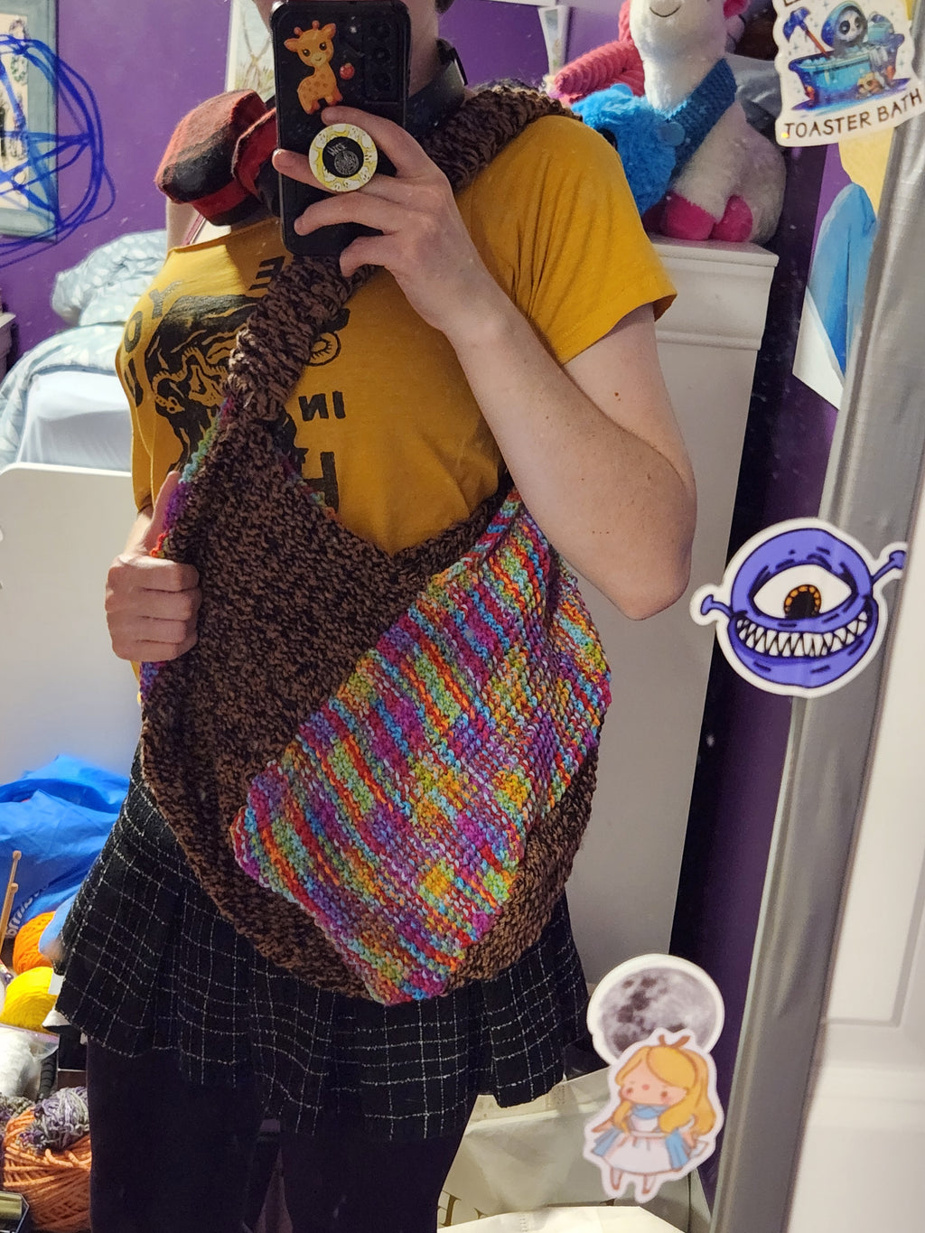 Hand Knit Rainbow and Brown Twisted Bag