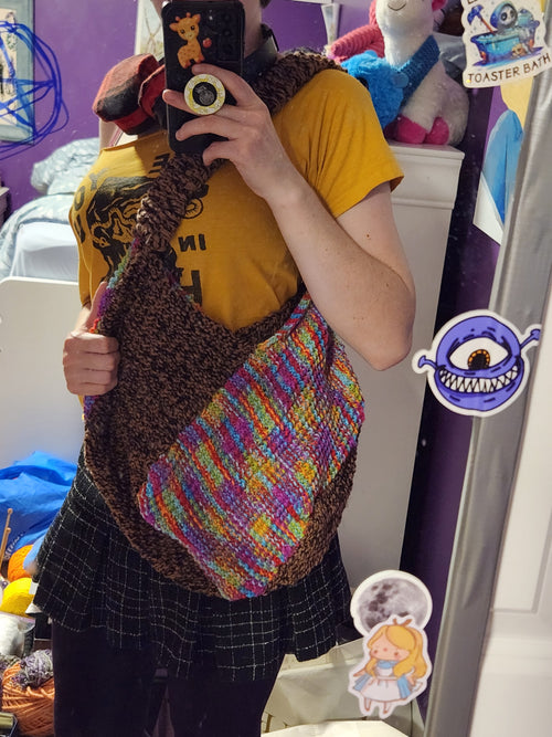 Hand Knit Rainbow and Brown Twisted Bag
